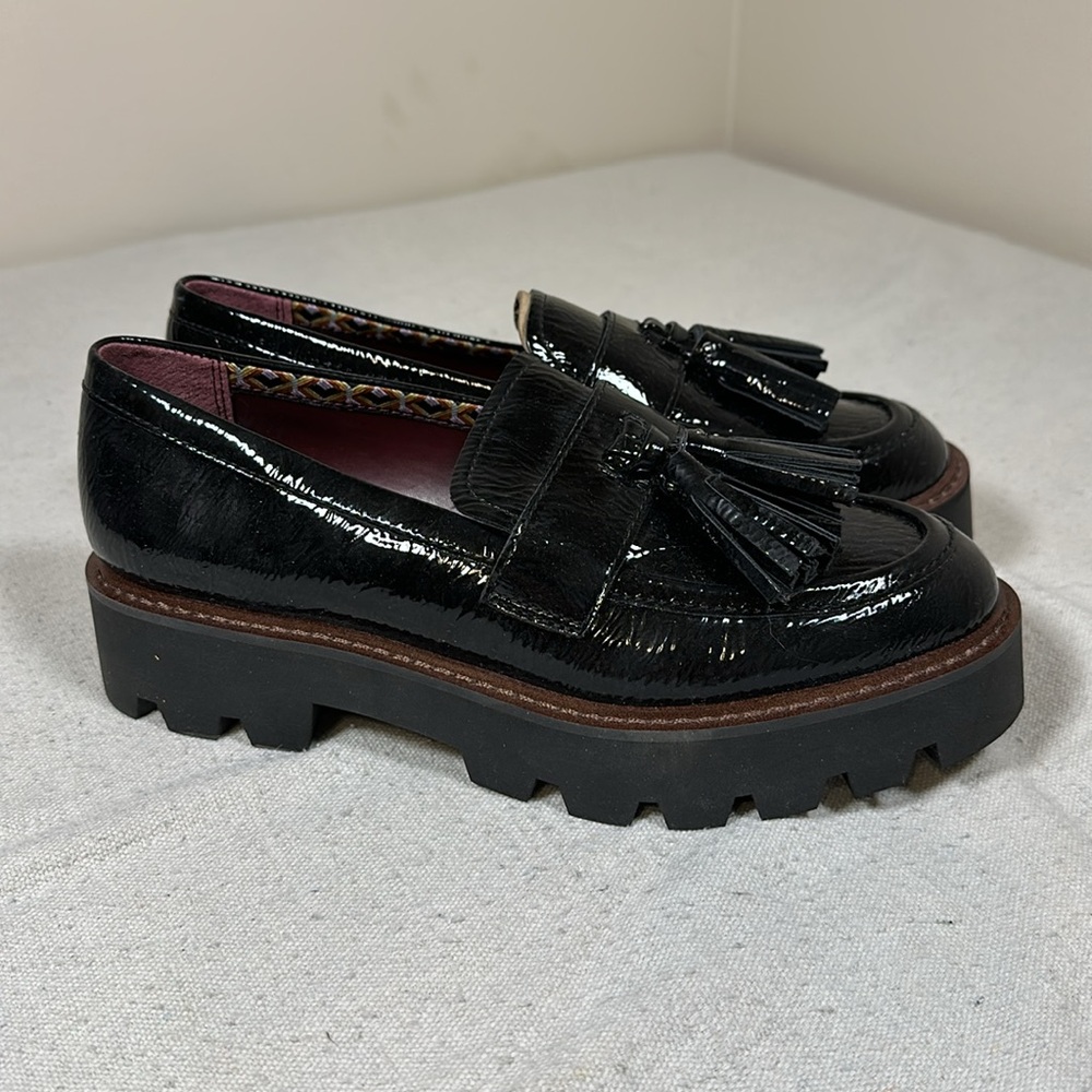 Franco Sarto Black Patent Tassel Lug Sole Loafers - Picture 4 of 13
